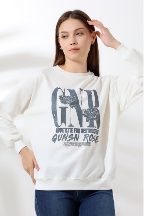 Baskılı Oversize Sweatshirt 21648 EKRU