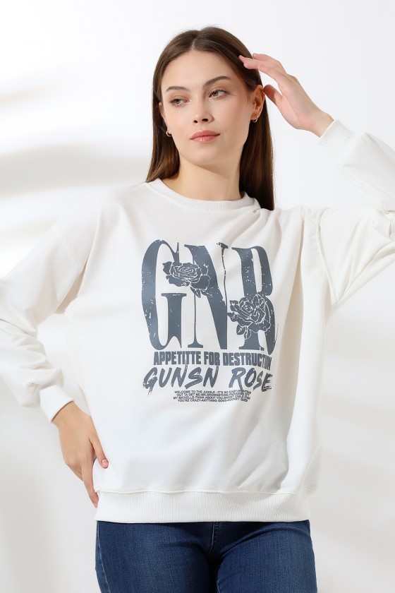 Baskılı Oversize Sweatshirt 21648 EKRU