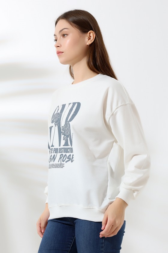 Baskılı Oversize Sweatshirt 21648 EKRU