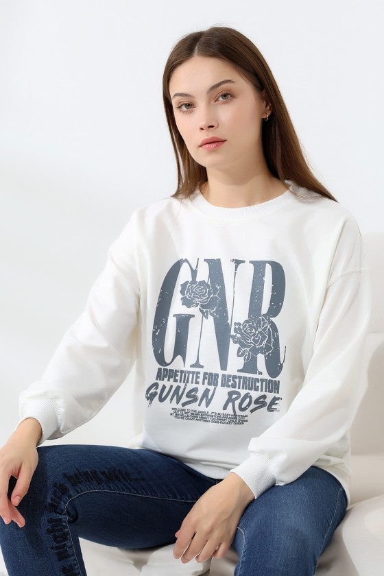 Baskılı Oversize Sweatshirt 21648 EKRU