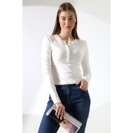 %100 Pamuk Çıt Çıtlı Yaka Slim Fit Basic Düz Ribana Uzun Kollu T-Shirt 21947 EKRU