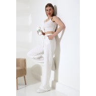 Elastik Yüksek Belli Desenli Kumaş Kadın Salaş Pantolon 21959 EKRU