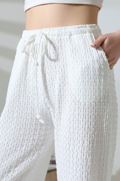 Elastik Yüksek Belli Desenli Kumaş Kadın Salaş Pantolon 21959 EKRU