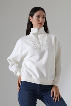Fermuarlı Gömlek Yaka Oversize Geniş Salaş Basic Kadın Sweatshirt 21971 EKRU