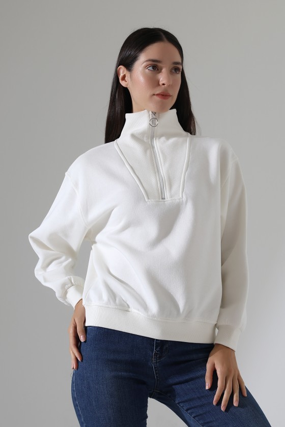Fermuarlı Gömlek Yaka Oversize Geniş Salaş Basic Kadın Sweatshirt 21971 EKRU