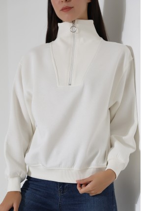 Fermuarlı Gömlek Yaka Oversize Geniş Salaş Basic Kadın Sweatshirt 21971 EKRU