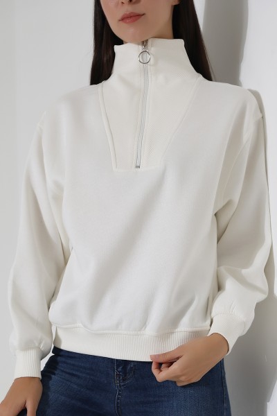 Relax Rahat Salaş Geniş Kesim Yarım Fermuarlı Dik Yaka Pamuklu Kadın Sweatshirt 21971 EKRU