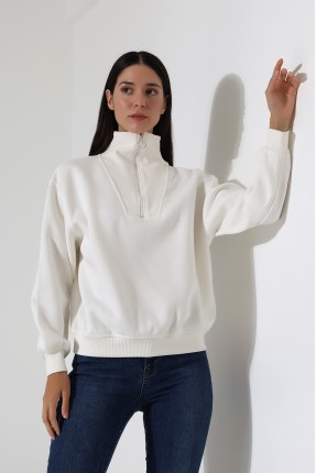 Fermuarlı Gömlek Yaka Oversize Geniş Salaş Basic Kadın Sweatshirt 21971 EKRU
