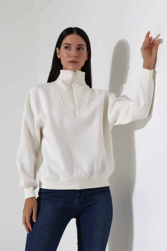 Fermuarlı Gömlek Yaka Oversize Geniş Salaş Basic Kadın Sweatshirt 21971 EKRU