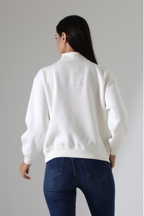 Fermuarlı Gömlek Yaka Oversize Geniş Salaş Basic Kadın Sweatshirt 21971 EKRU