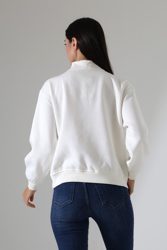 Fermuarlı Gömlek Yaka Oversize Geniş Salaş Basic Kadın Sweatshirt 21971 EKRU