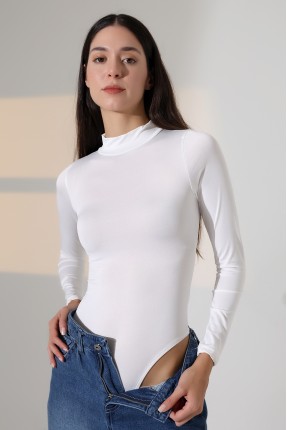 Mikro Yarım Balıkçı Yaka Uzun Kol Altı Külotlu ve Çıt Çıtlı Basic Kadın Bodysuit 21942 EKRU
