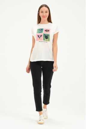 Bisiklet Yaka Kısa Kollu Normal Size Baskılı Basic Kadın T-Shirt 20601 EKRU
