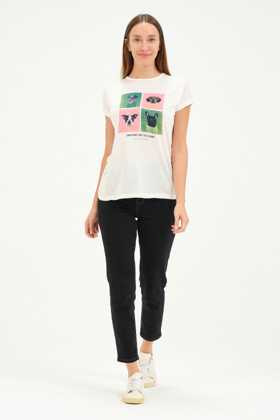 Bisiklet Yaka Kısa Kollu Normal Size Baskılı Basic Kadın T-Shirt 20601 EKRU