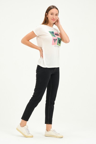 Bisiklet Yaka Kısa Kollu Normal Size Baskılı Basic Kadın T-Shirt 20601 EKRU