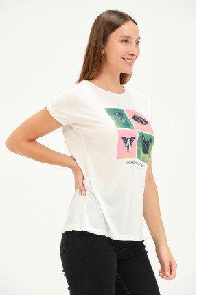 Bisiklet Yaka Kısa Kollu Normal Size Baskılı Basic Kadın T-Shirt 20601 EKRU