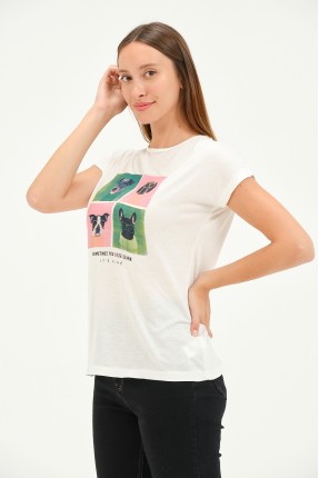Bisiklet Yaka Kısa Kollu Normal Size Baskılı Basic Kadın T-Shirt 20601 EKRU