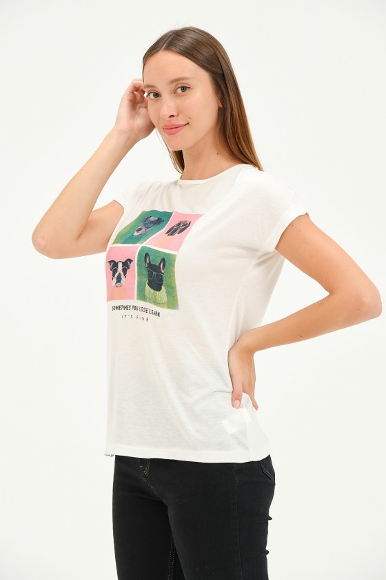 Bisiklet Yaka Kısa Kollu Normal Size Baskılı Basic Kadın T-Shirt 20601 EKRU