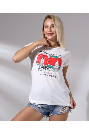 Bisiklet Yaka Kısa Kollu Normal Size Baskılı Basic Kadın T-Shirt 20479 EKRU