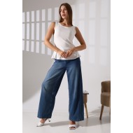 Relax Fit Rahat Kesim Kayıkçı Yaka Eteği Volanlı Yanları Kuplu Basic Kolsuz Kadın T-Shirt 22070 EKRU