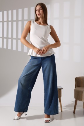 Relax Fit Rahat Kesim Kayıkçı Yaka Eteği Volanlı Yanları Kuplu Basic Kolsuz Kadın T-Shirt 22070 EKRU