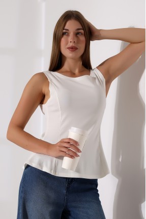 Relax Fit Rahat Kesim Kayıkçı Yaka Eteği Volanlı Yanları Kuplu Basic Kolsuz Kadın T-Shirt 22070 EKRU
