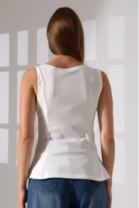 Relax Fit Rahat Kesim Kayıkçı Yaka Eteği Volanlı Yanları Kuplu Basic Kolsuz Kadın T-Shirt 22070 EKRU