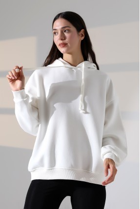 Relax Rahat Kesim Kapşonlu Salaş Oversize Kolları Geniş Basic Kadın Sweatshirt 21966 EKRU