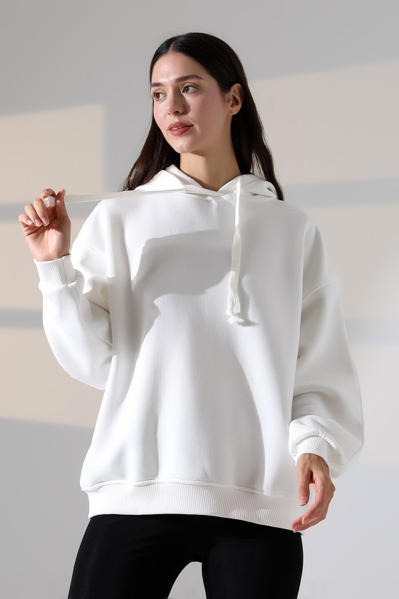 Relax Rahat Kesim Kapşonlu Salaş Oversize Kolları Geniş Basic Kadın Sweatshirt 21966 EKRU