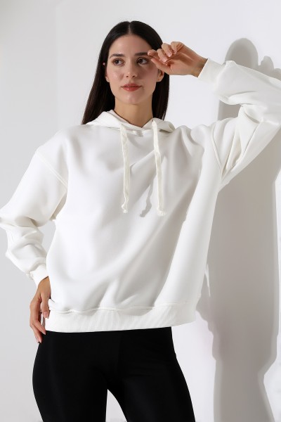 Relax Rahat Kesim Kapşonlu Salaş Oversize Kolları Geniş Basic Kadın Sweatshirt 21966 EKRU