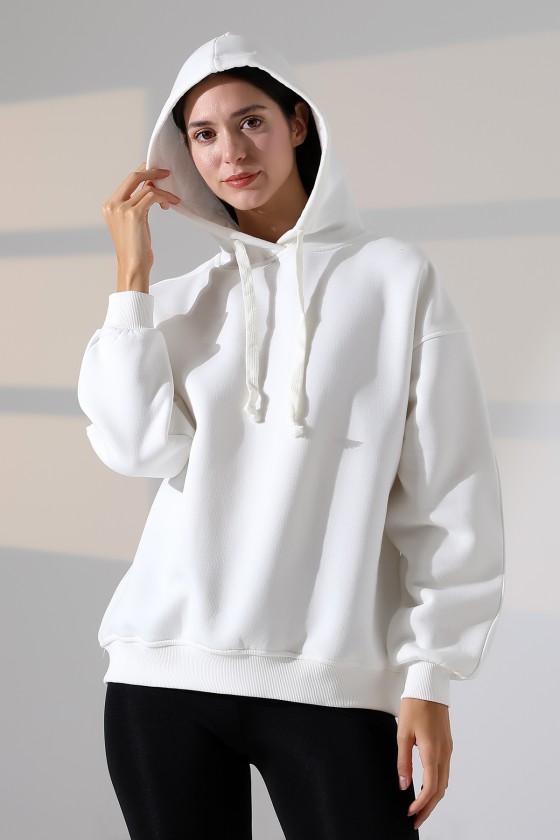 Relax Rahat Kesim Kapşonlu Salaş Oversize Kolları Geniş Basic Kadın Sweatshirt 21966 EKRU