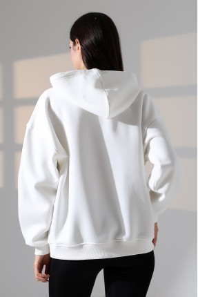 Relax Rahat Kesim Kapşonlu Salaş Oversize Kolları Geniş Basic Kadın Sweatshirt 21966 EKRU