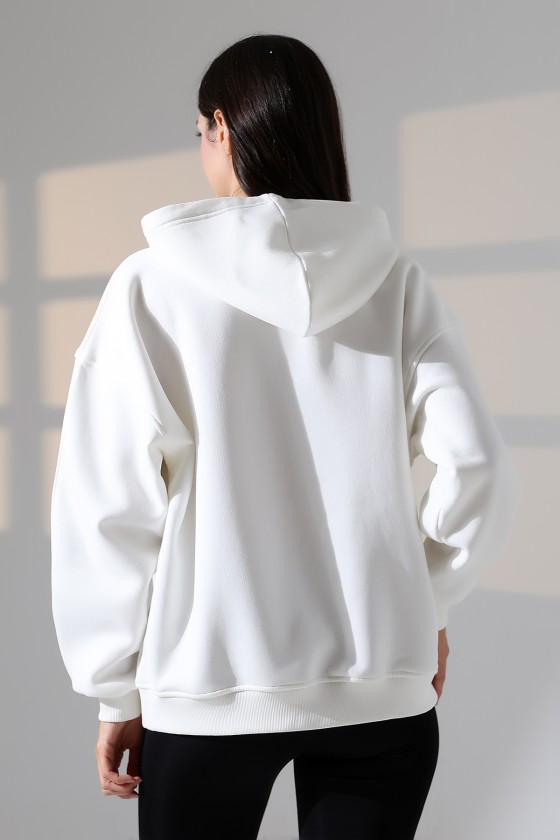 Relax Rahat Kesim Kapşonlu Salaş Oversize Kolları Geniş Basic Kadın Sweatshirt 21966 EKRU