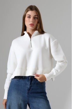 Relax Rahat Salaş Geniş Kesim Yarım Fermuarlı Dik Yaka Yanları Yırtmaçlı Pamuklu Kadın Sweatshirt 21967 EKRU