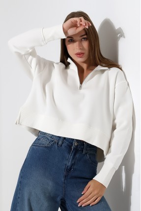 Relax Rahat Salaş Geniş Kesim Yarım Fermuarlı Dik Yaka Yanları Yırtmaçlı Pamuklu Kadın Sweatshirt 21967 EKRU
