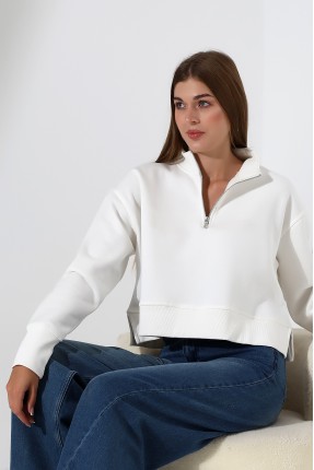 Relax Rahat Salaş Geniş Kesim Yarım Fermuarlı Dik Yaka Yanları Yırtmaçlı Pamuklu Kadın Sweatshirt 21967 EKRU