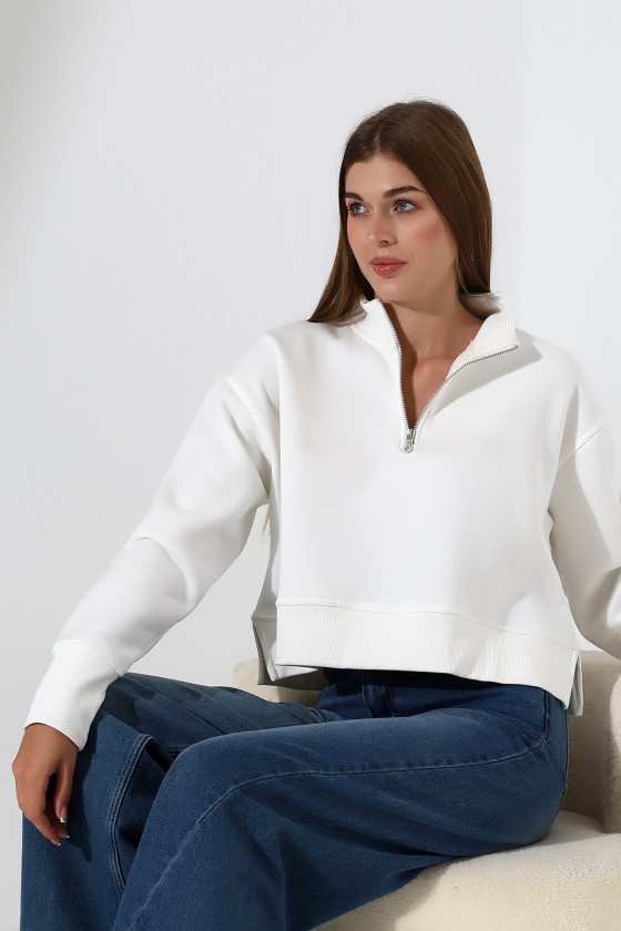 Relax Rahat Salaş Geniş Kesim Yarım Fermuarlı Dik Yaka Yanları Yırtmaçlı Pamuklu Kadın Sweatshirt 21967 EKRU