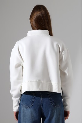 Relax Rahat Salaş Geniş Kesim Yarım Fermuarlı Dik Yaka Yanları Yırtmaçlı Pamuklu Kadın Sweatshirt 21967 EKRU
