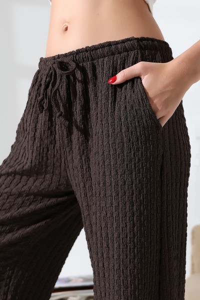 Elastik Yüksek Belli Desenli Kumaş Kadın Salaş Pantolon 21959 KAHVE