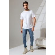 Erkek %100 Pamuklu Penye Kompakt Bisiklet Yaka Comfort Fit Basic T-Shirt 21751 BEYAZ