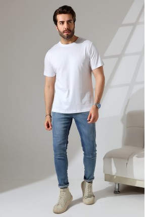 Erkek %100 Pamuklu Penye Kompakt Bisiklet Yaka Comfort Fit Basic T-Shirt 21751 BEYAZ