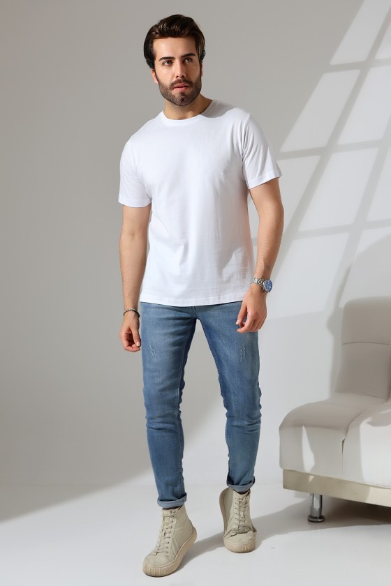 Erkek %100 Pamuklu Penye Kompakt Bisiklet Yaka Comfort Fit Basic T-Shirt 21751 BEYAZ