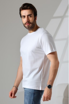 Erkek %100 Pamuklu Penye Kompakt Bisiklet Yaka Comfort Fit Basic T-Shirt 21751 BEYAZ