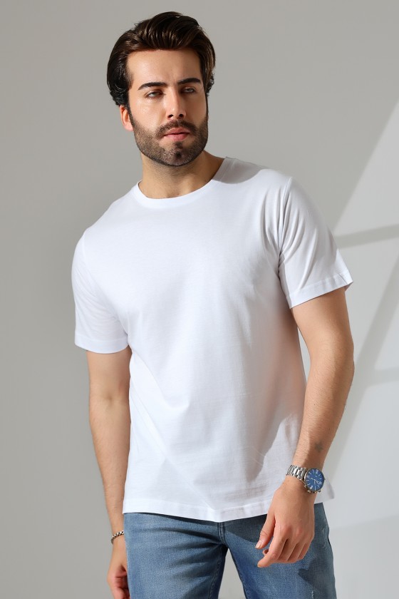 Erkek %100 Pamuklu Penye Kompakt Bisiklet Yaka Comfort Fit Basic T-Shirt 21751 BEYAZ