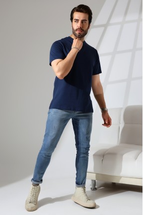 Erkek %100 Pamuklu Penye Kompakt Bisiklet Yaka Comfort Fit Basic T-Shirt 21751 LACİVERT