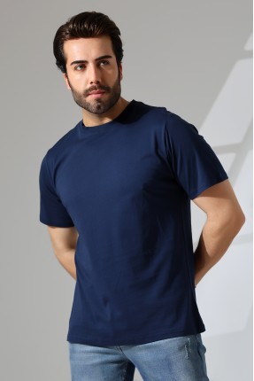 Erkek %100 Pamuklu Penye Kompakt Bisiklet Yaka Comfort Fit Basic T-Shirt 21751 LACİVERT