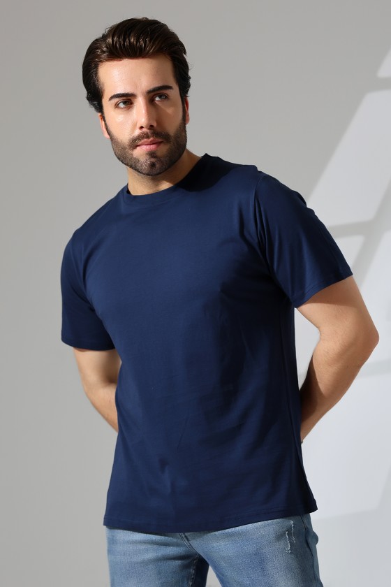 Erkek %100 Pamuklu Penye Kompakt Bisiklet Yaka Comfort Fit Basic T-Shirt 21751 LACİVERT