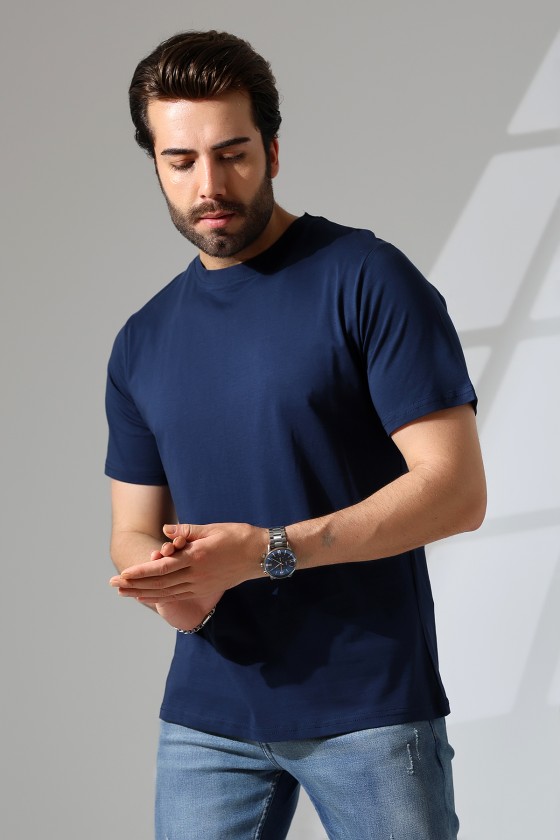 Erkek %100 Pamuklu Penye Kompakt Bisiklet Yaka Comfort Fit Basic T-Shirt 21751 LACİVERT