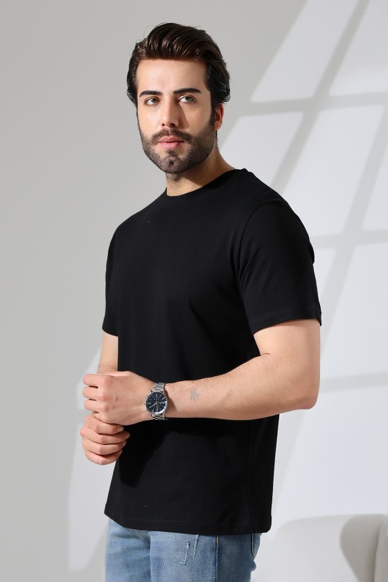 Erkek %100 Pamuklu Penye Kompakt Bisiklet Yaka Comfort Fit Basic T-Shirt 21751 SİYAH