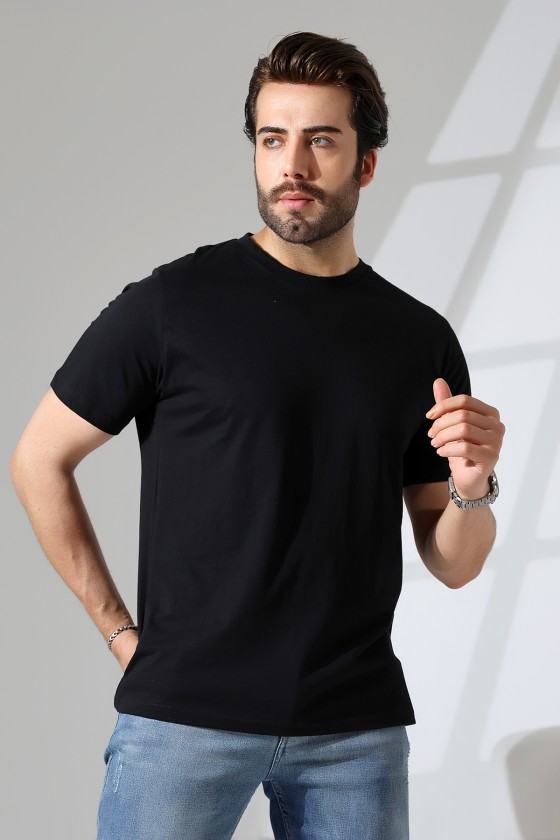 Erkek %100 Pamuklu Penye Kompakt Bisiklet Yaka Comfort Fit Basic T-Shirt 21751 SİYAH